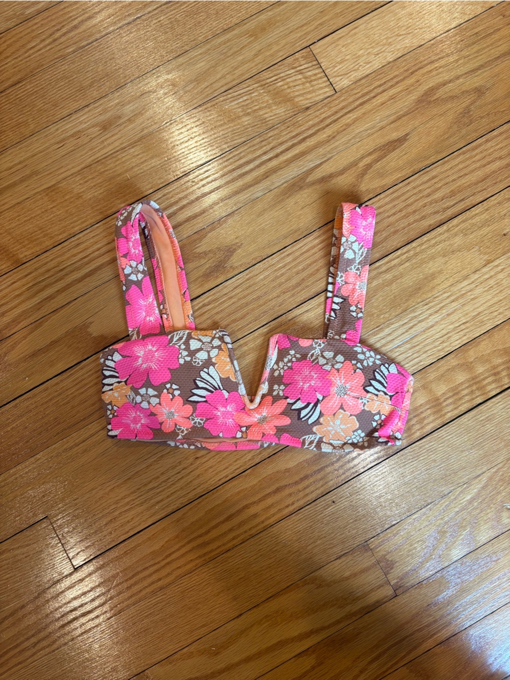 aerie Floral Bikini Top in Brown with Pink & Orange Flowers